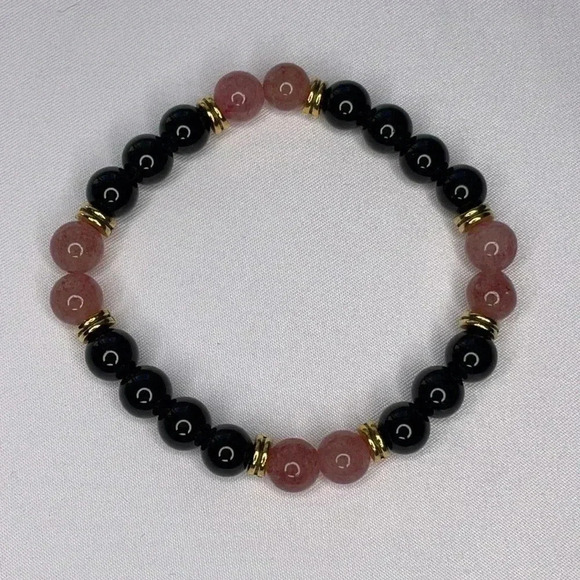 New Crystal Strawberry Quartz Black Tourmaline Stretch Bracelet Medium - Picture 3 of 6